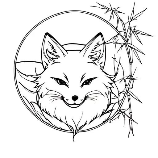 japanese fan with a kitsune fox, framed by bamboo tattoo design idea
