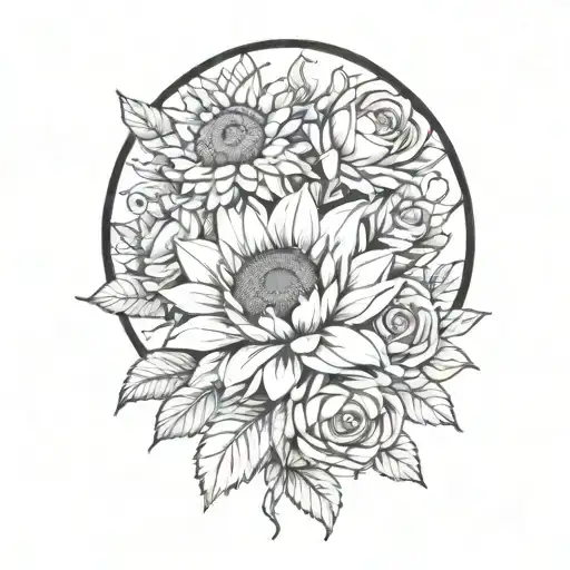 sunflowers with roses and chrysanthemums flower bouquet tattoo design idea