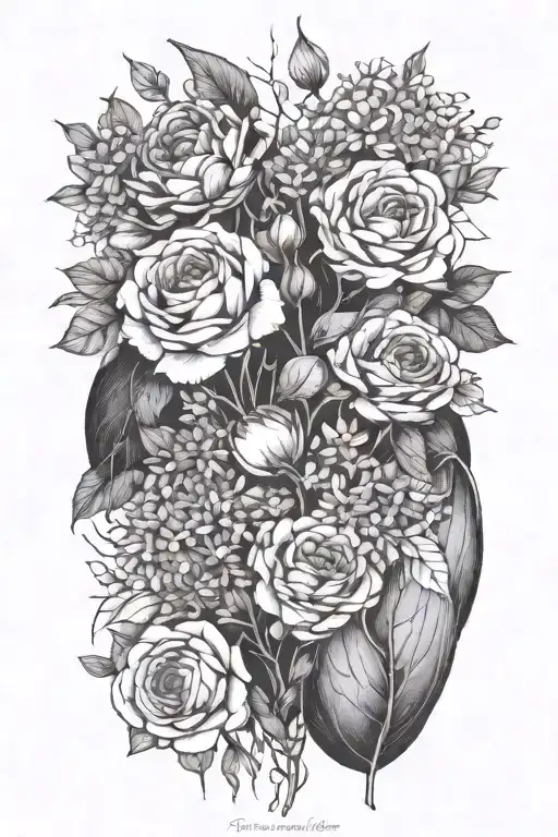 birth flower bouquet with May, August, October, November, February flowers with tree branch tattoo design idea