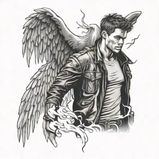 Dean Winchester standing strong in a storm, phoenix rising, colt, angel wings tattoo design idea