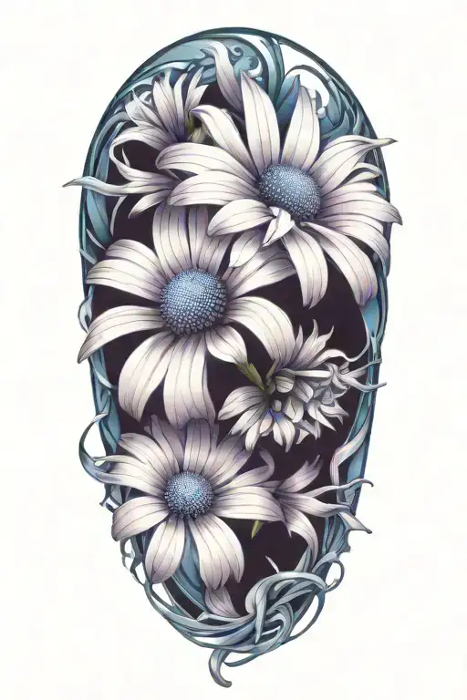 purple daisy flowers intertwined with blue cos talking to the death tattoo design idea