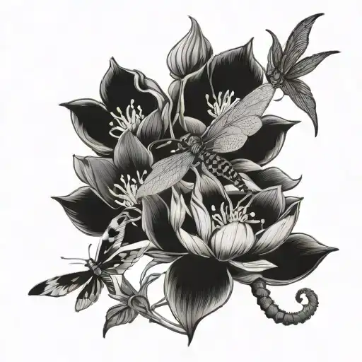 lotus and jasmine and gladiolus flower with a dragon fly tattoo design idea