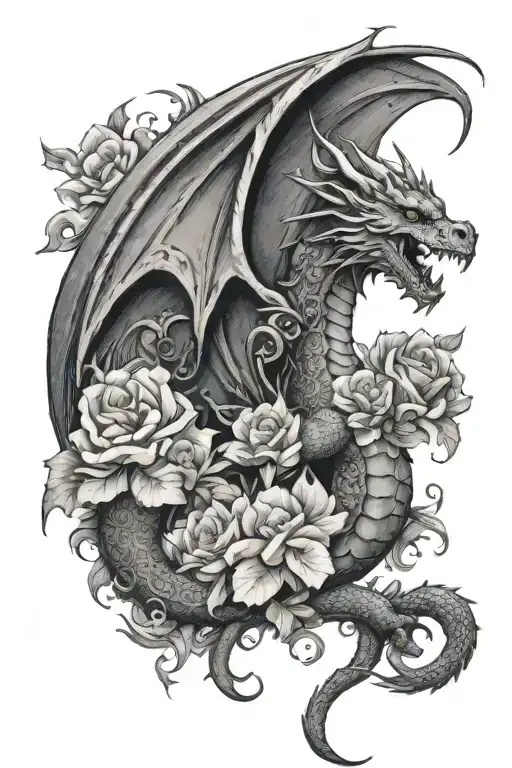 Elegant winged dragon wrapped with florals  tattoo design idea