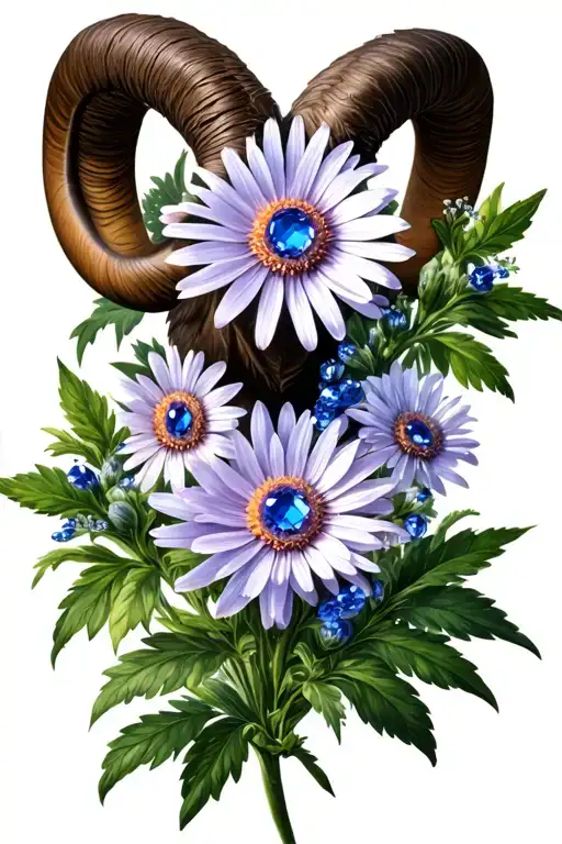 Combine and design a tattoo with aster flower, sapphire stone, aries zodiac sign, 2004 birth year tattoo design idea