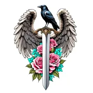 Angel wings behind a sword with a raven on top of the hilt with different colored roses with pink and teal cancer ribbon tattoo design idea
