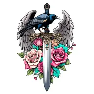 Angel wings behind a sword with a raven on top of the hilt with different colored roses with pink and teal cancer ribbon tattoo design idea