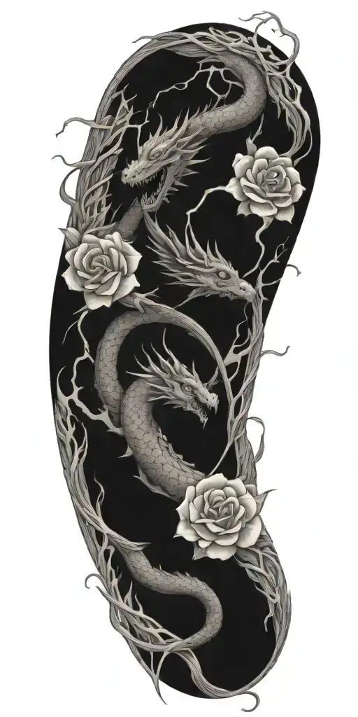 flowers, dragons, lightning storm tattoo design idea