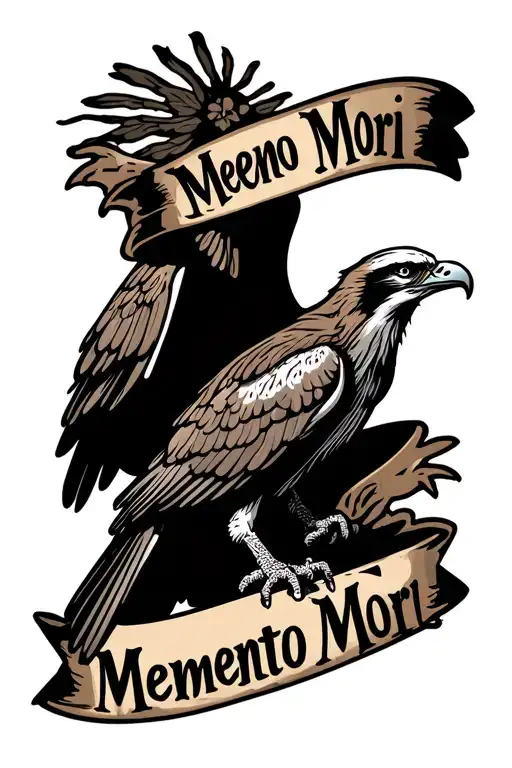 Traditional Osprey grabbing onto a banner that says "Memento Mori" tattoo design idea