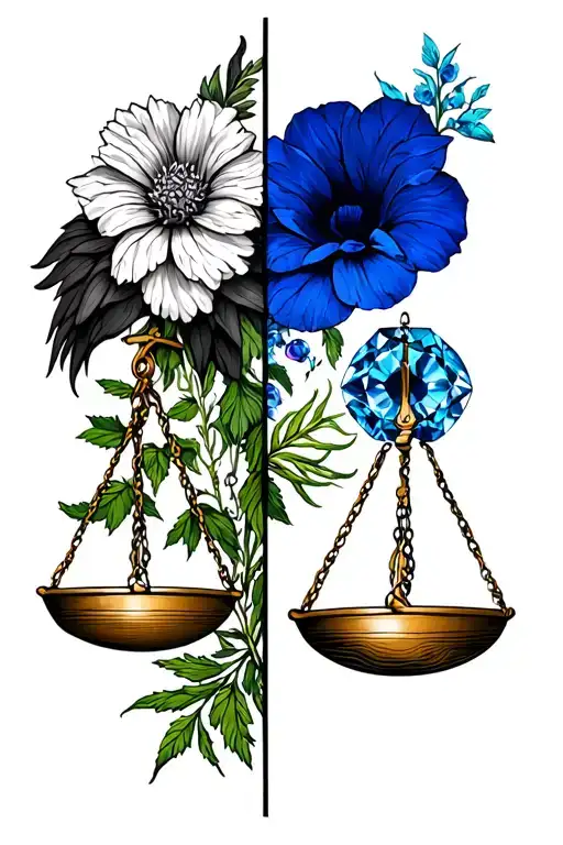 Libra scale with one side with aster, morning glory, dill hawk, blue, sapphire,  and the other side with marigold tattoo design idea