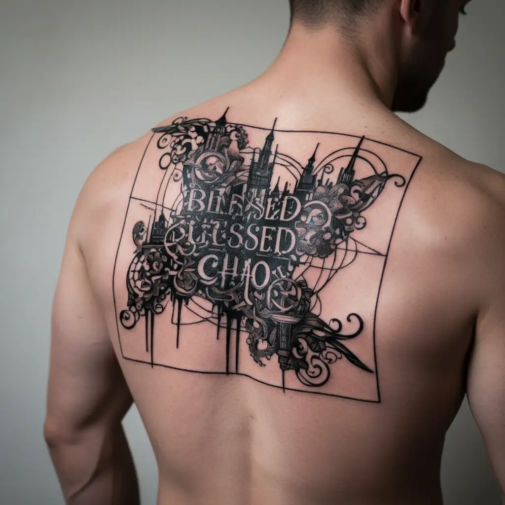 draw a gray city in the background where chaos is happening and in the middle the inscription blessed in black tattoo design idea