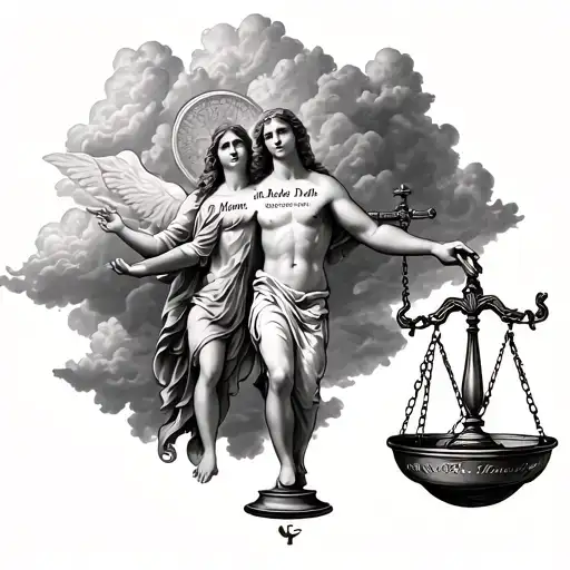 Heaven/clouds on shoulder blade w mom and dad’s names in clouds, under comes god's arm holding the lever scale weighing tattoo design idea