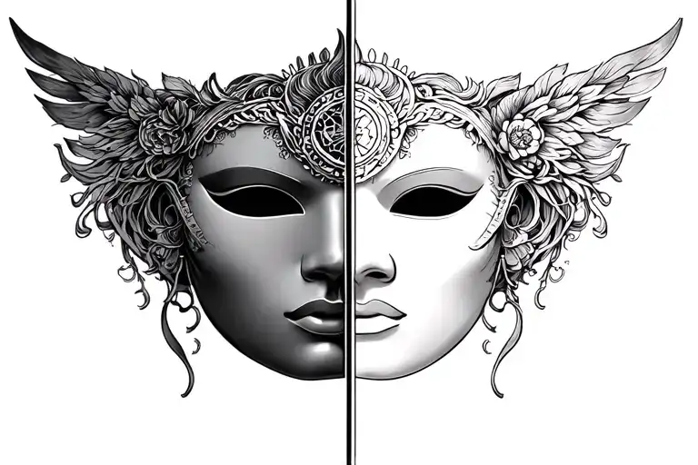 gemini zodiac sign with two faced mask tattoo design idea