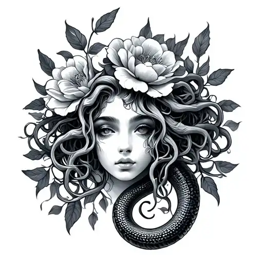 medusa snake and flower tattoo design idea