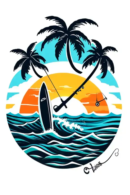 ocean waves 1 surf board 1 fishing pole 2 palm trees sunset in background tattoo design idea