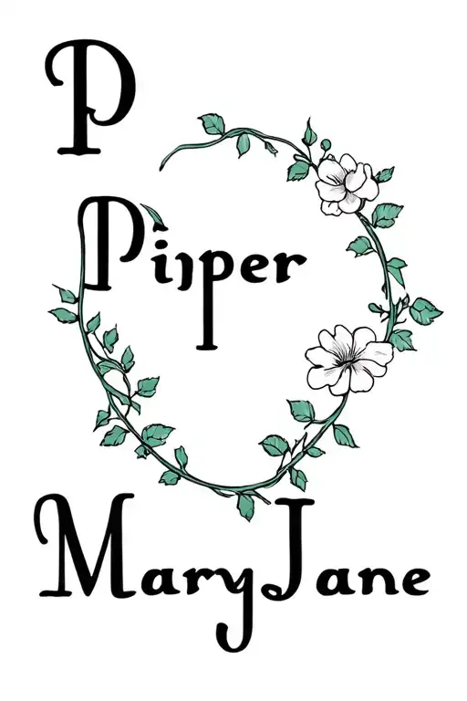 "Piper MaryJane" two names intertwined with vines and flowers tattoo design idea