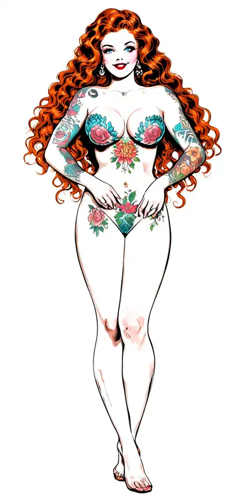 traditional-style pin-up girl with long red curly hair and naked. She should have vintage features tattoo design idea