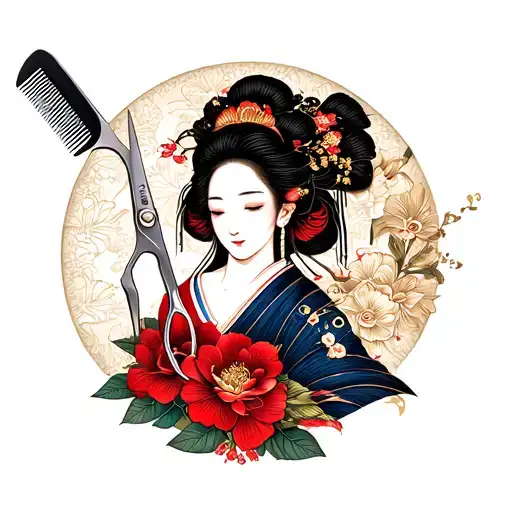 scissors and comb with memorial mother in japanese theme tattoo design idea