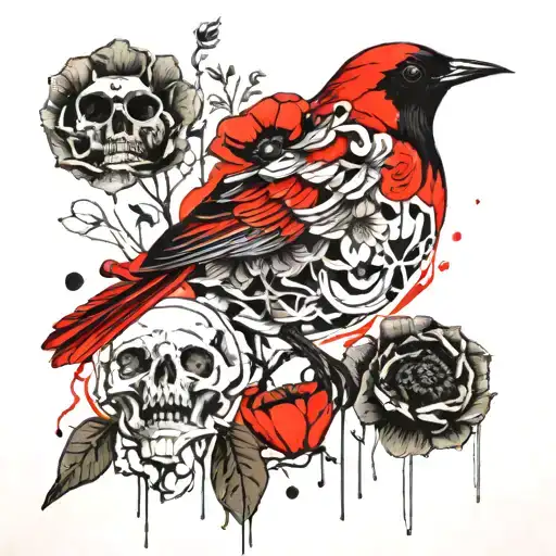 skeleton bird with poppy tattoo design idea
