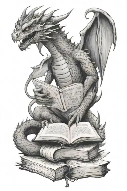 dragon reading book tattoo design idea