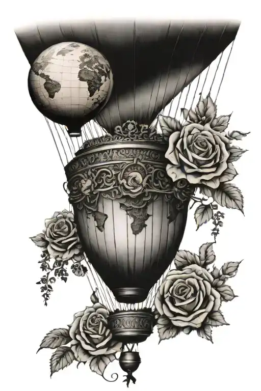 Hot air balloon (balloon is upside down globe) , lands in roses tattoo design idea