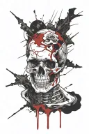 White Skull, Cracked, Bloody, missing Jawbone, missing teeth, melting, decrepit Dark red blood, Human Spine, Horror. tattoo design idea