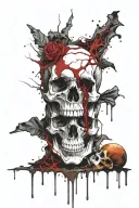 White Skull, Cracked, Bloody, missing Jawbone, missing teeth, melting, decrepit Dark red blood, Human Spine, Horror. tattoo design idea