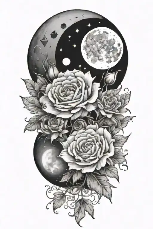 An intricate tattoo of a boquet of roses, daisys, and cosmos flowers intertwined with the three moon phases tattoo design idea