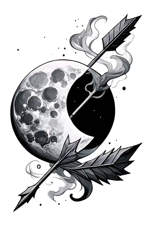 moon, arrow, smoke, artemis tattoo design idea