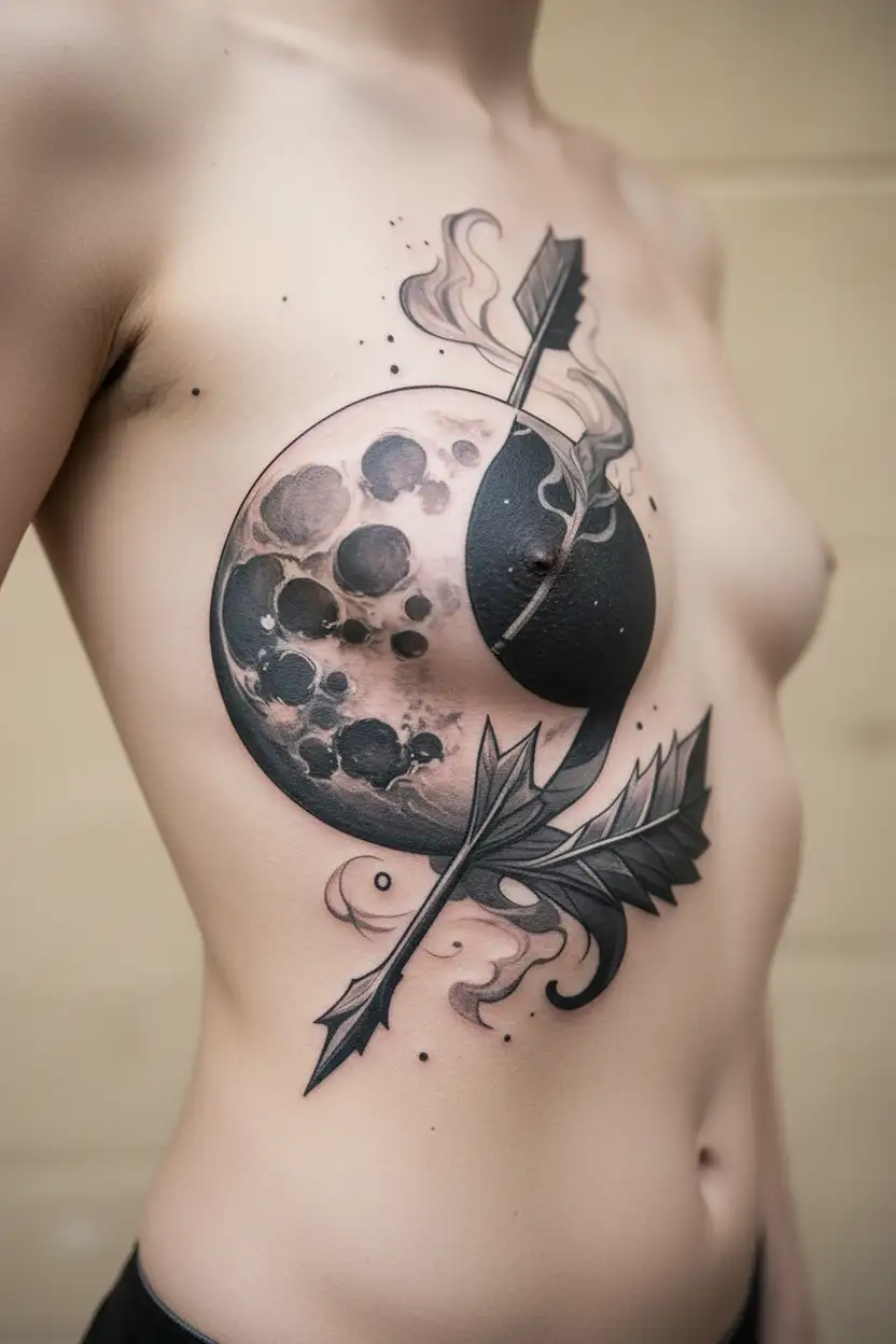 moon, arrow, smoke, artemis tattoo design idea