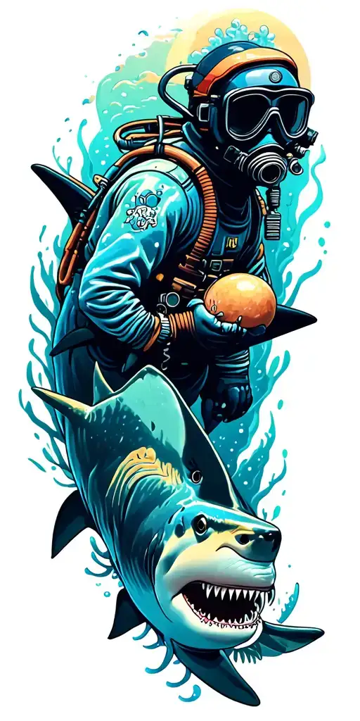 nautical underwater scene with colorful images featuring deep sea diver and sharks tattoo design idea