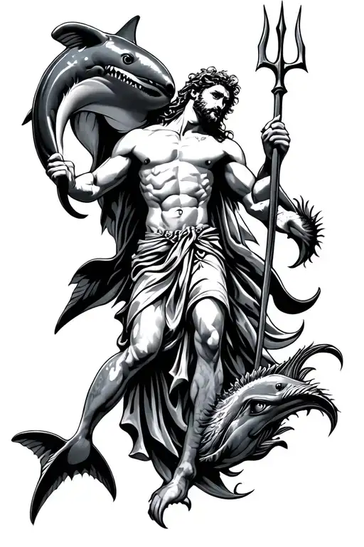Poseidon holding a trident ve shark jumping dolphin tattoo design idea