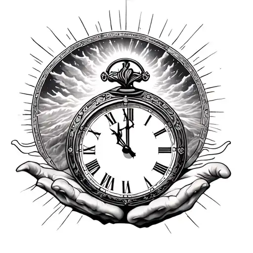 heavenly scene and praying hands and time clock tattoo design idea