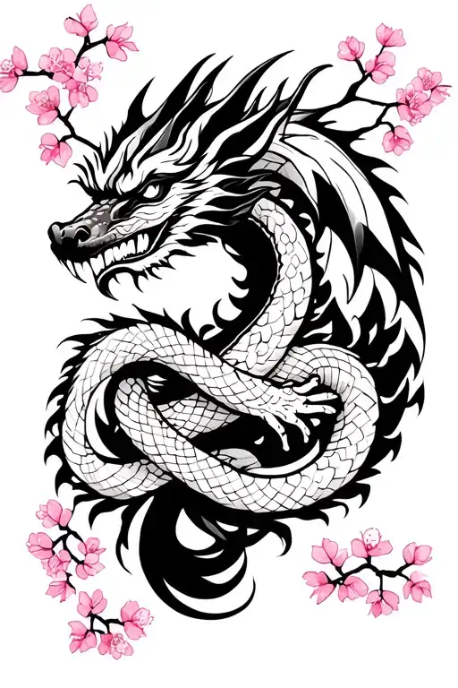cherry blossom tree with dragon wrapped arms around herself tattoo design idea