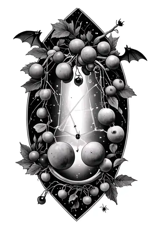 libra constellation, gemini constellation, berries, poison botanicals, bats, spiders tattoo design idea