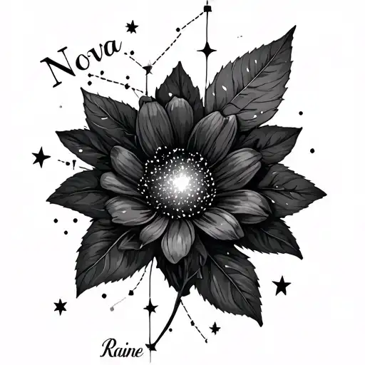 the name "Nova Raine" with stars in the Scorpio constellation and November flower tattoo design idea