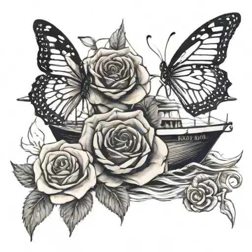 2 butterflies a boat anchor and rose tattoo design idea