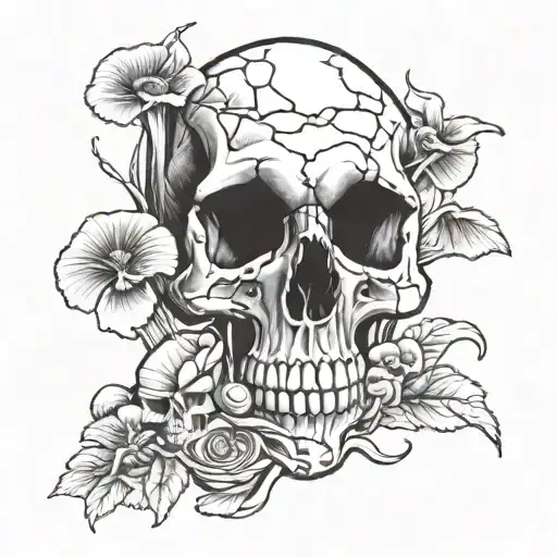 skull with mushrooms growing through the cracks tattoo design idea