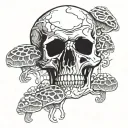 skull with mushrooms growing through the cracks tattoo design idea