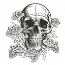 skull with mushrooms growing through the cracks tattoo design idea