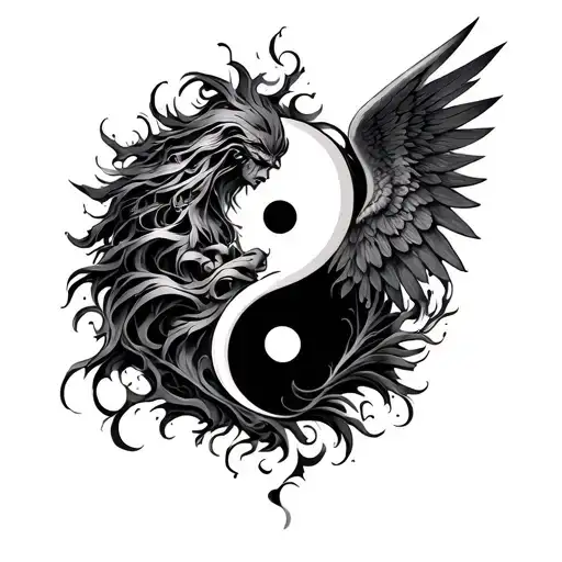 A tattoo that fuses the Yin Yang with the angel/demon duality, symbolizing the Gemini sign in tribal style, Pod tattoo design idea