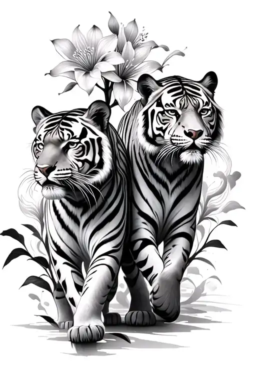 vertical- two walking tigers with cherry blossoms and Japanese spider lilies with swirls and smoke lines branching off tattoo design idea