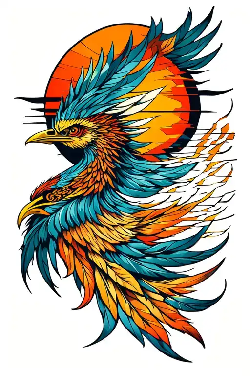 full sleeve, taino sun with phoenix feather and soundwave. color, with kintsugi running through tattoo tattoo design idea