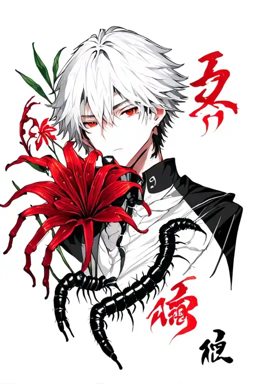 Forearm tattoo. Kaneki Ken white hair and behind him will be a centipede and Red spider lily. Centipede is around my arm tattoo design idea