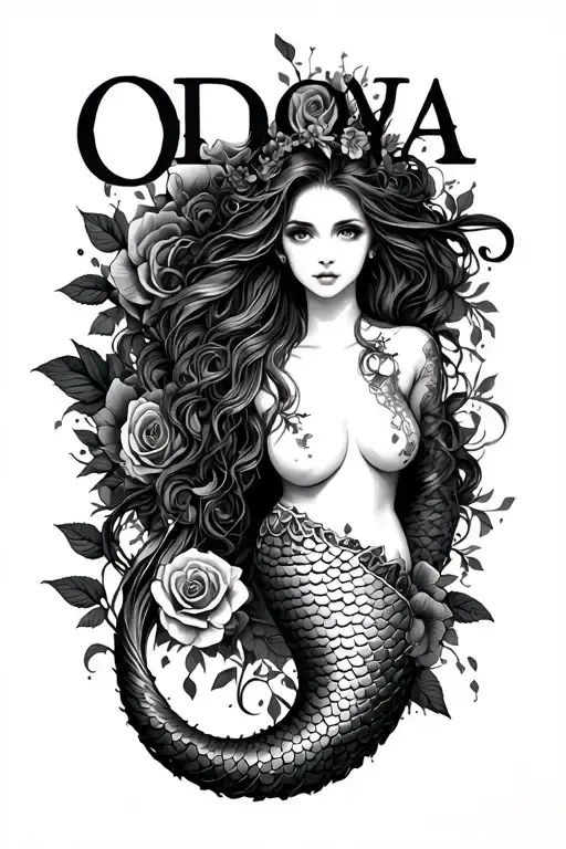 "Odoya" yemanja mermaid, with a long tail reaching the elbow, leaving a sensual and delicate look, with qualities of the sea and roses around tattoo design idea