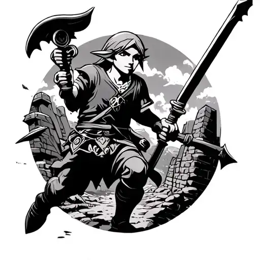 Link from the legend of Zelda in action. background with ruins tattoo design idea