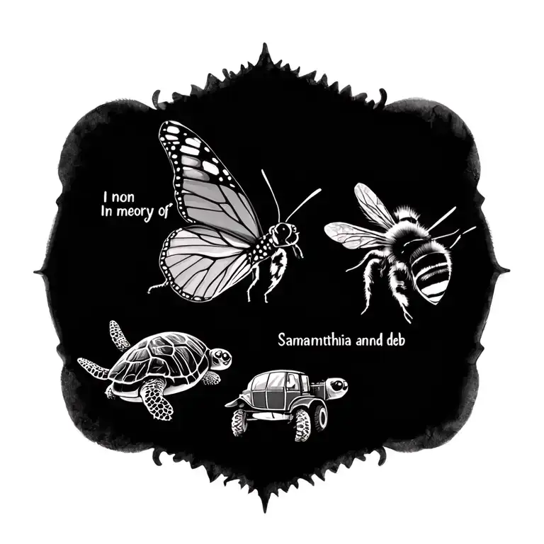 "In memory of Samanthia and deb" realistic butterfly with 1bumblebee add a sea turtle and John deer tractor tattoo design idea