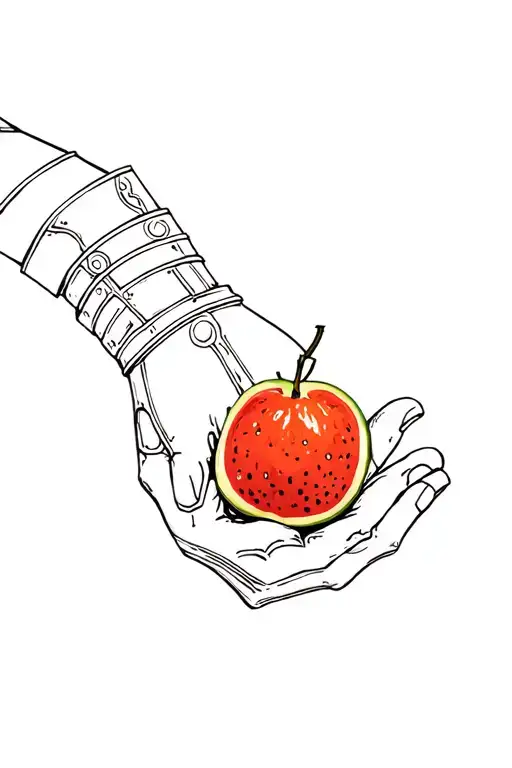 knight's gauntlet holding a piece of fruit tattoo design idea
