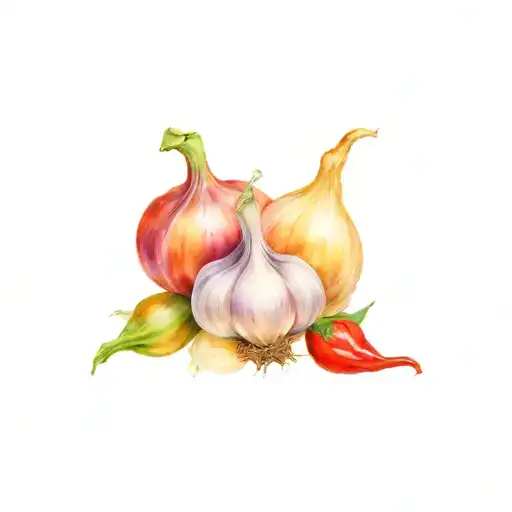 garlic, onion, chili pepper surrounded tattoo design idea