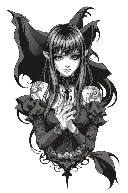 female anime vampire long hair bangs gothic dress detailed hands tattoo design idea