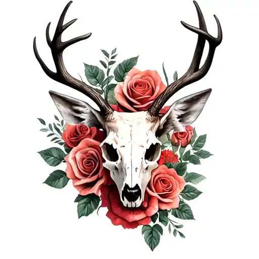 deer skull face surrounded by roses tattoo design idea